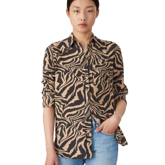 GANNI Women's Zebra Print Crepe Shirt button up size 34 - Picture 1 of 10